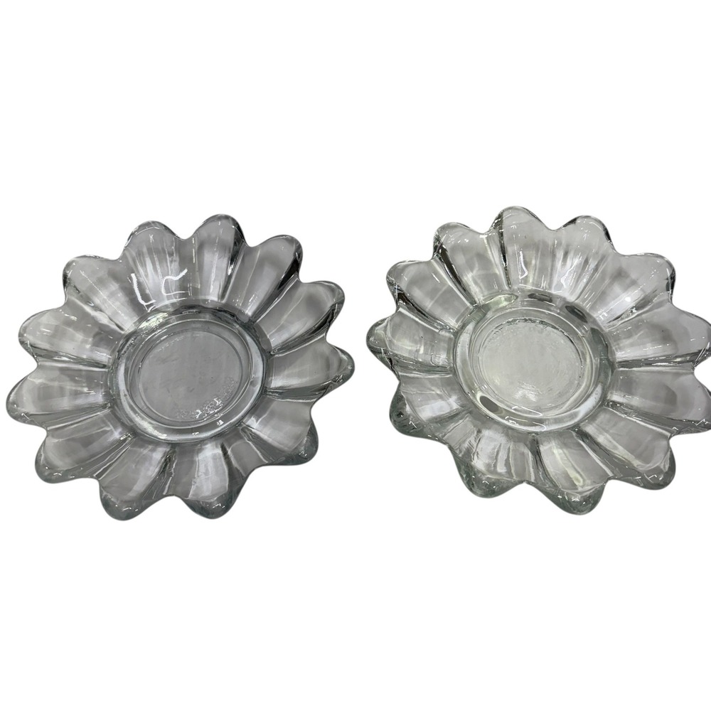 VTg Set of 2 Clear Glass Scalloped Petal Candle Holder Trinket‎ Dish USA Made